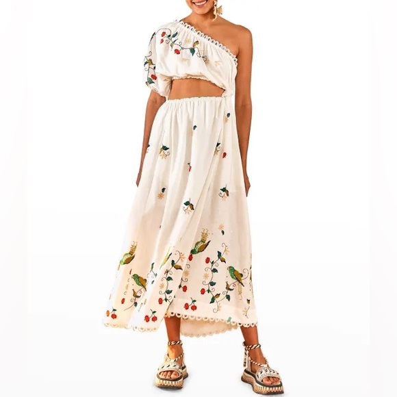 Farm Rio Pitanga One-Shoulder Embroidered Cutout Maxi Dress - Picture 1 of 5